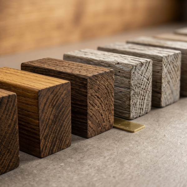 Des échantillons de bois présentant différentes finitions pour illustrer l'évolution et la durabilité des matériaux.